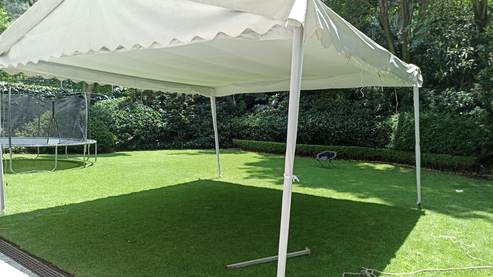 Carpa con dosel blanco sobre césped verde, con árboles al fondo.