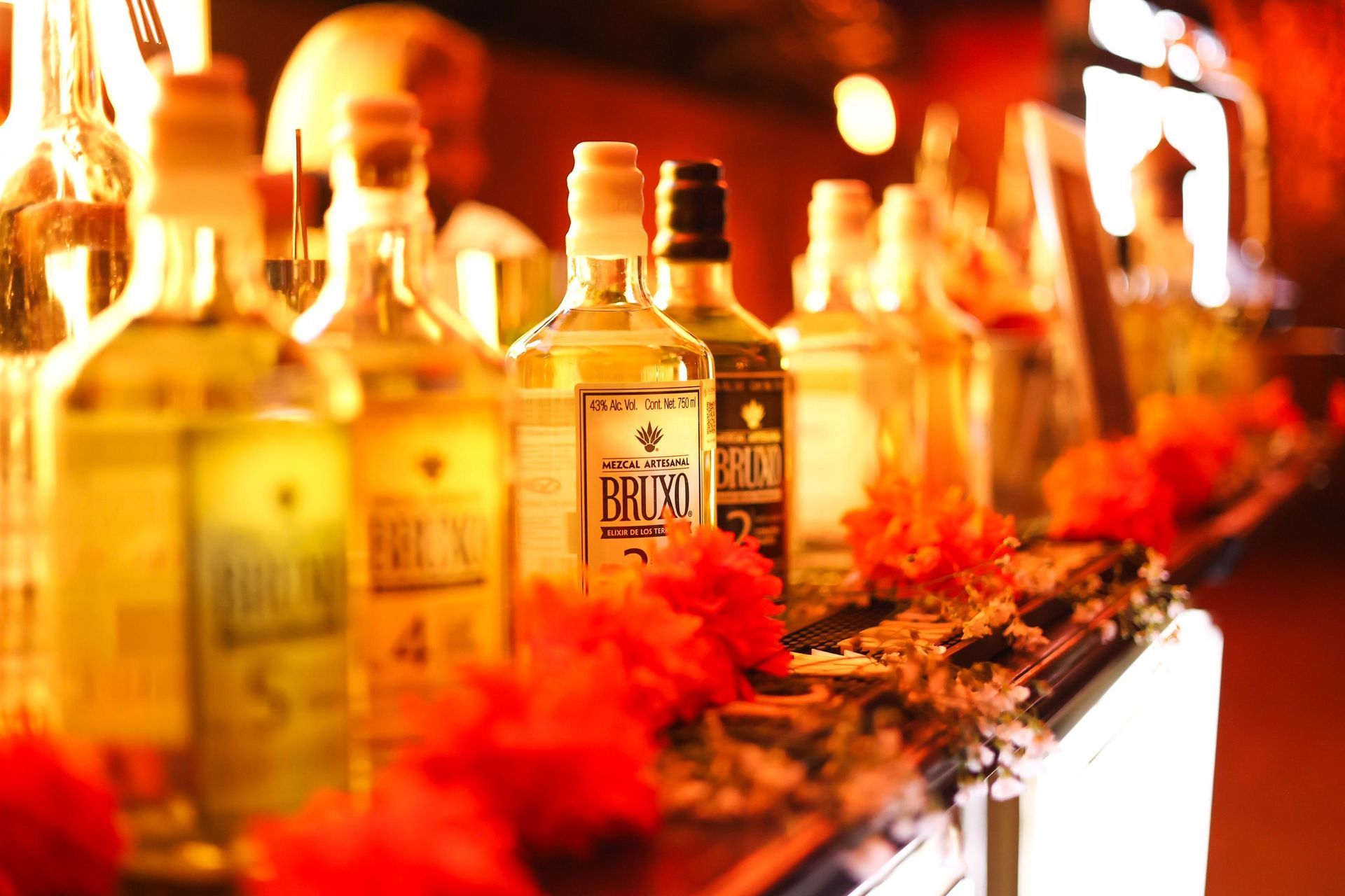 Botellas de licor en fila con flores rojas, iluminadas por una luz cálida, sobre un mostrador.