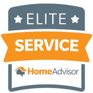HomeAdvisor "Elite Service" badge: gray, orange, and white graphic with stars and logo.