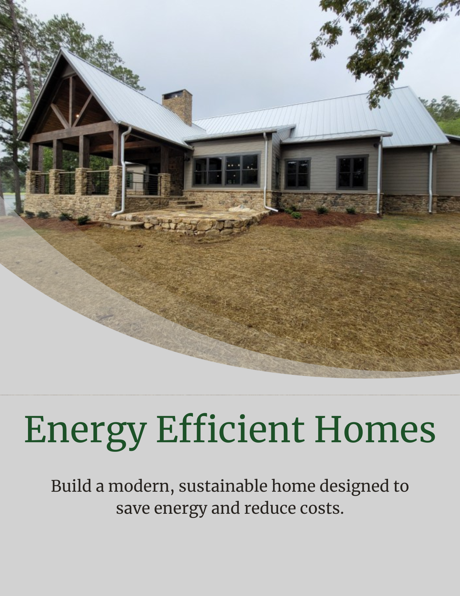 Energy-efficient home with a gray exterior, text promoting energy-saving, and cost-reducing home design.