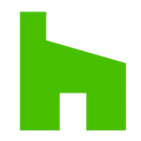 Green abstract logo of a house shape with an open door and a slanted roof.