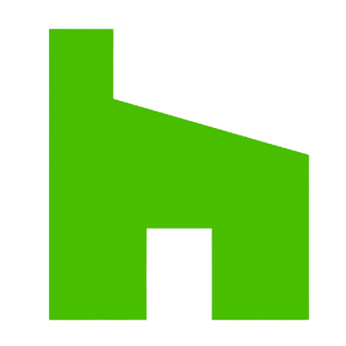 Green abstract shape resembling a house with a chimney, a door, and a slanted roof.