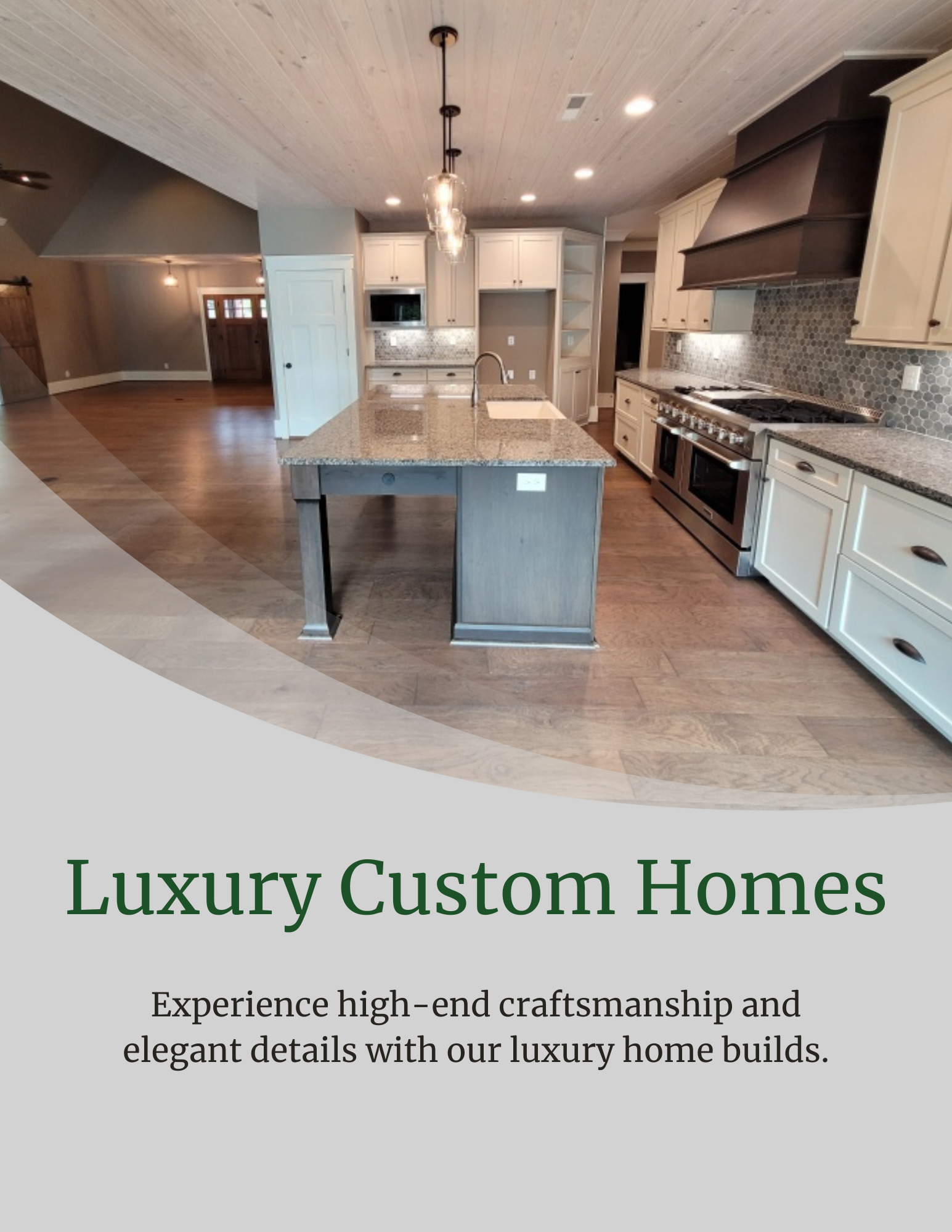 Kitchen with island, luxury custom home ad.