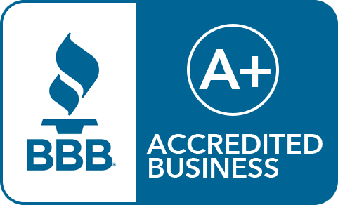 BBB A+ Accredited Business logo. White and blue. Features a flame and a circle with "A+".
