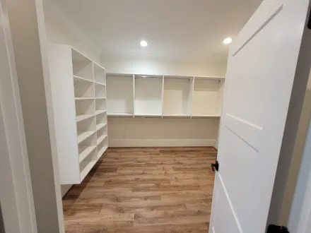 Empty white pantry with built-in shelves and dark wood-look flooring; open white door on right.