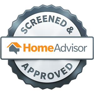 HomeAdvisor screened & approved badge, orange house logo, gray and white colors.