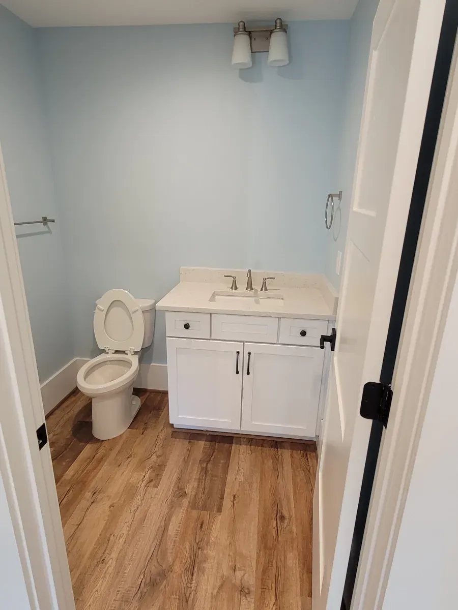Small bathroom with light blue walls, white vanity, toilet, and wood-look flooring.