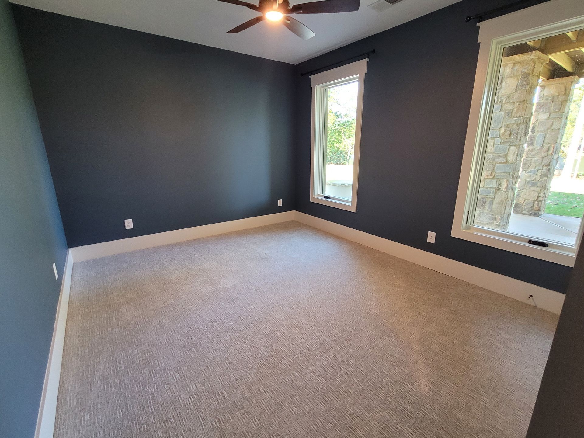 Empty room with dark gray walls, beige carpet, white trim, and two windows.