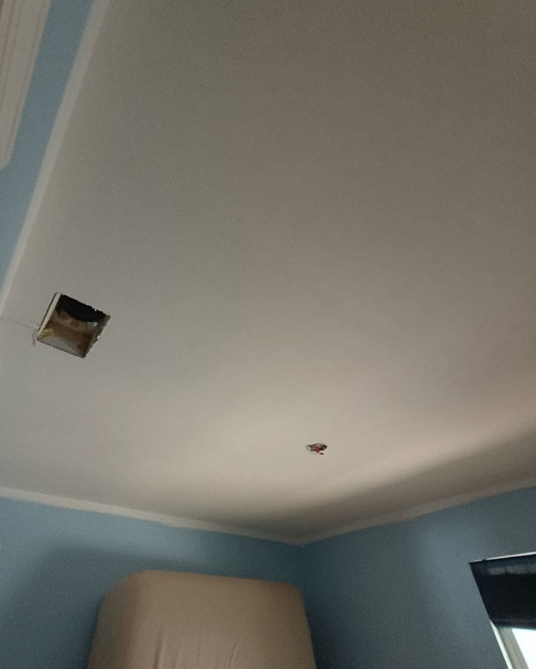 Ceiling with a large hole and a small fixture, blue walls, and a bed.