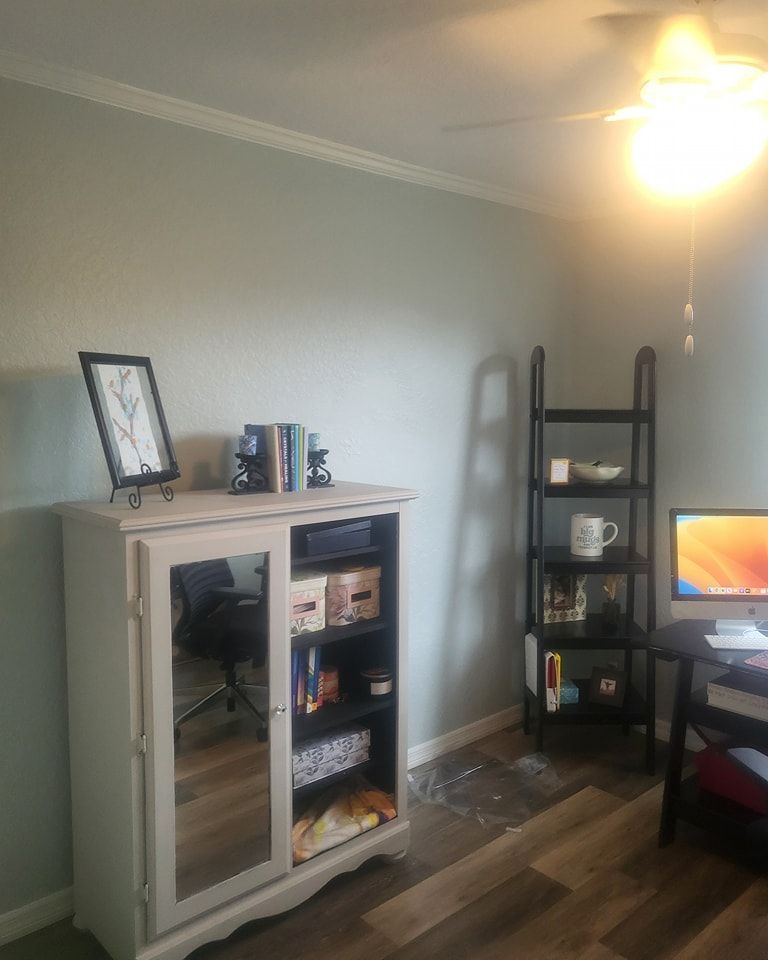 A room with a cabinet, shelves, desk, and computer. Light blue walls, brown floor, and a lit ceiling fan.