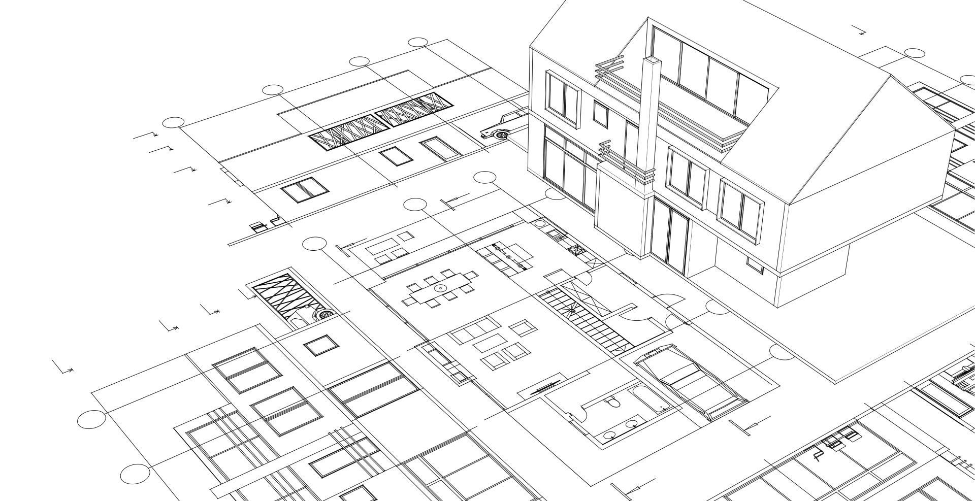 Architectural drawing of a two-story house with floor plans and building elevations overlaid.
