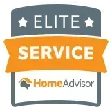 HomeAdvisor Elite Service badge with orange ribbon and gray background.