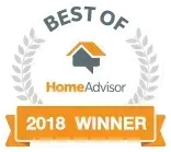 HomeAdvisor's "Best of" award logo; laurel wreath, logo of a house, and "2018 Winner" on a ribbon.
