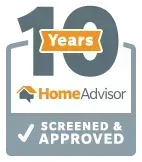 HomeAdvisor screened and approved badge. Displays "10 Years" with orange banner and check mark.