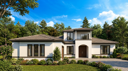 Modern white stucco house with dark trim, landscaping, and blue sky.
