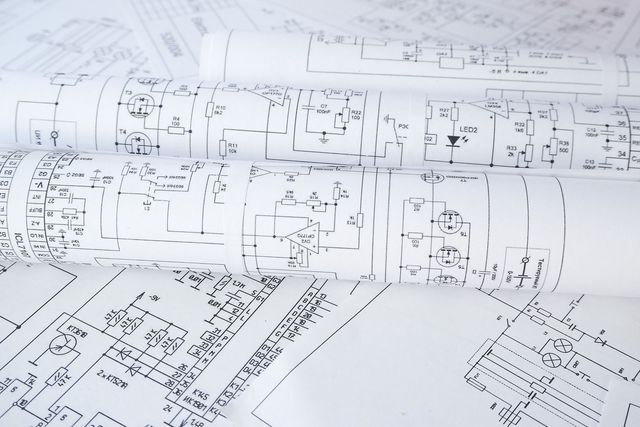 Rolled-up blueprints, schematic diagrams in black ink on white paper, suggesting technical or engineering plans.