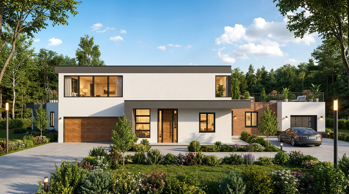 Modern two-story house with a wooden garage door and a car parked in the driveway, surrounded by greenery.