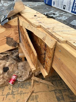 Damaged wooden beam with a section removed, likely due to rot or damage. Construction setting with debris.