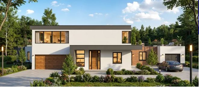 Modern white house with two stories, balcony, and grass lawn; evening lighting.