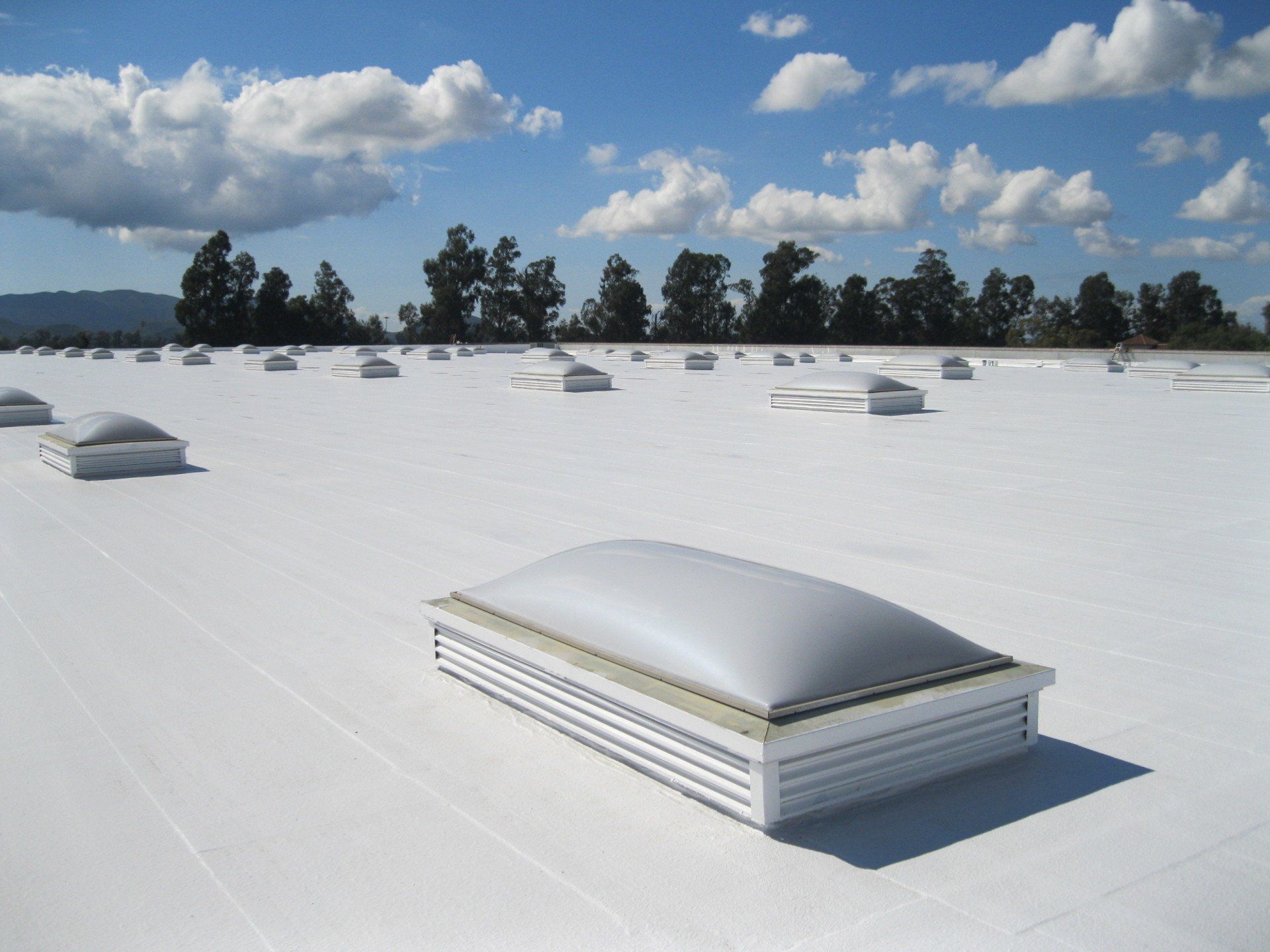 A white roof with a skylight on top of it
