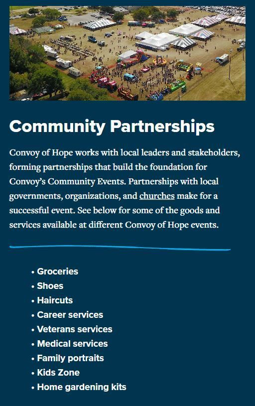 An advertisement for community partnerships shows an aerial view of a festival