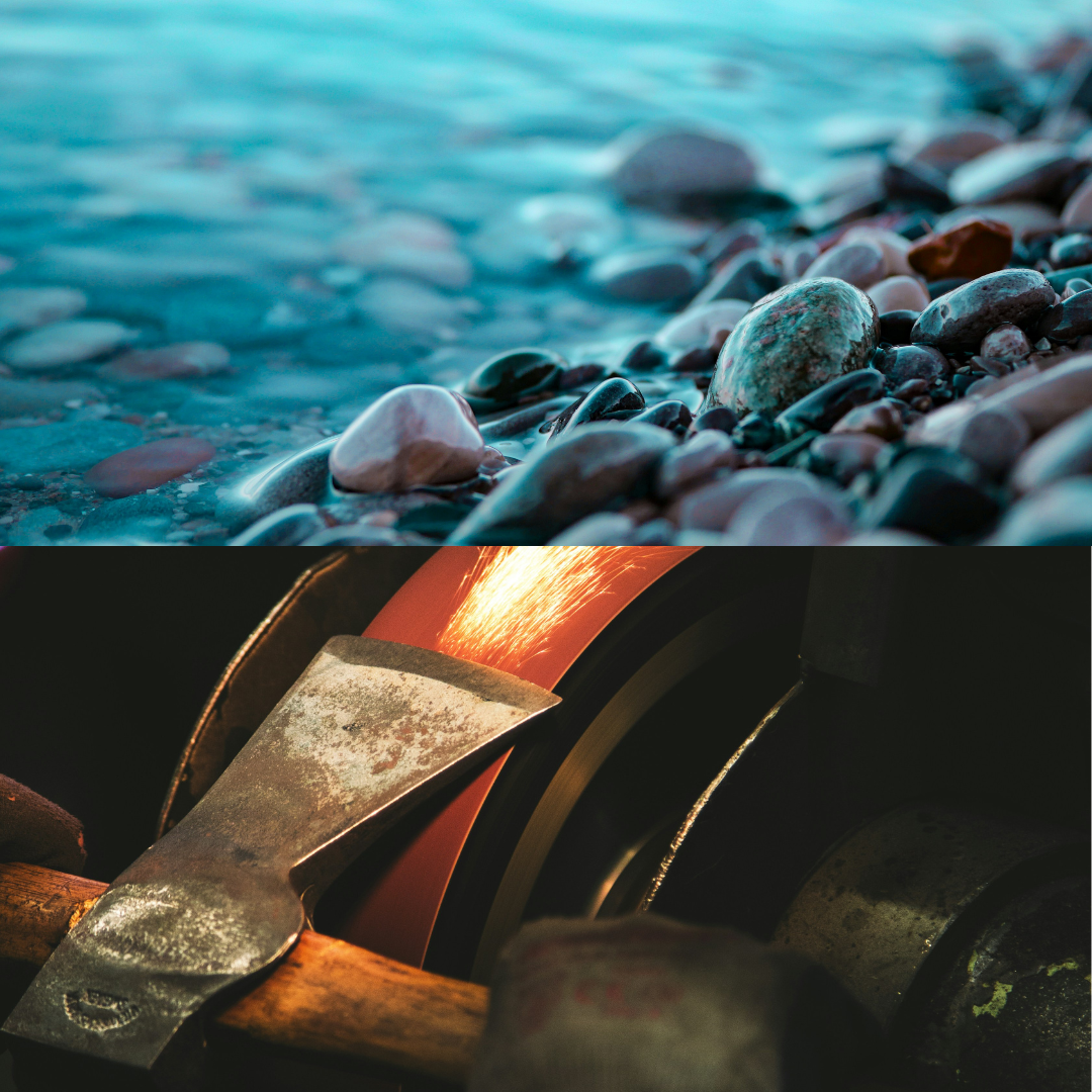 A picture of smooth river stones in shallow water above another picture of an iron axe being sharpened with sparks coming off from it.