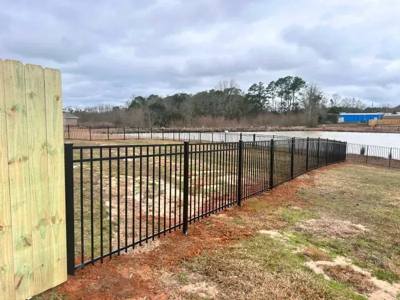 A black metal fence surrounds a grassy field next to a wooden fence.