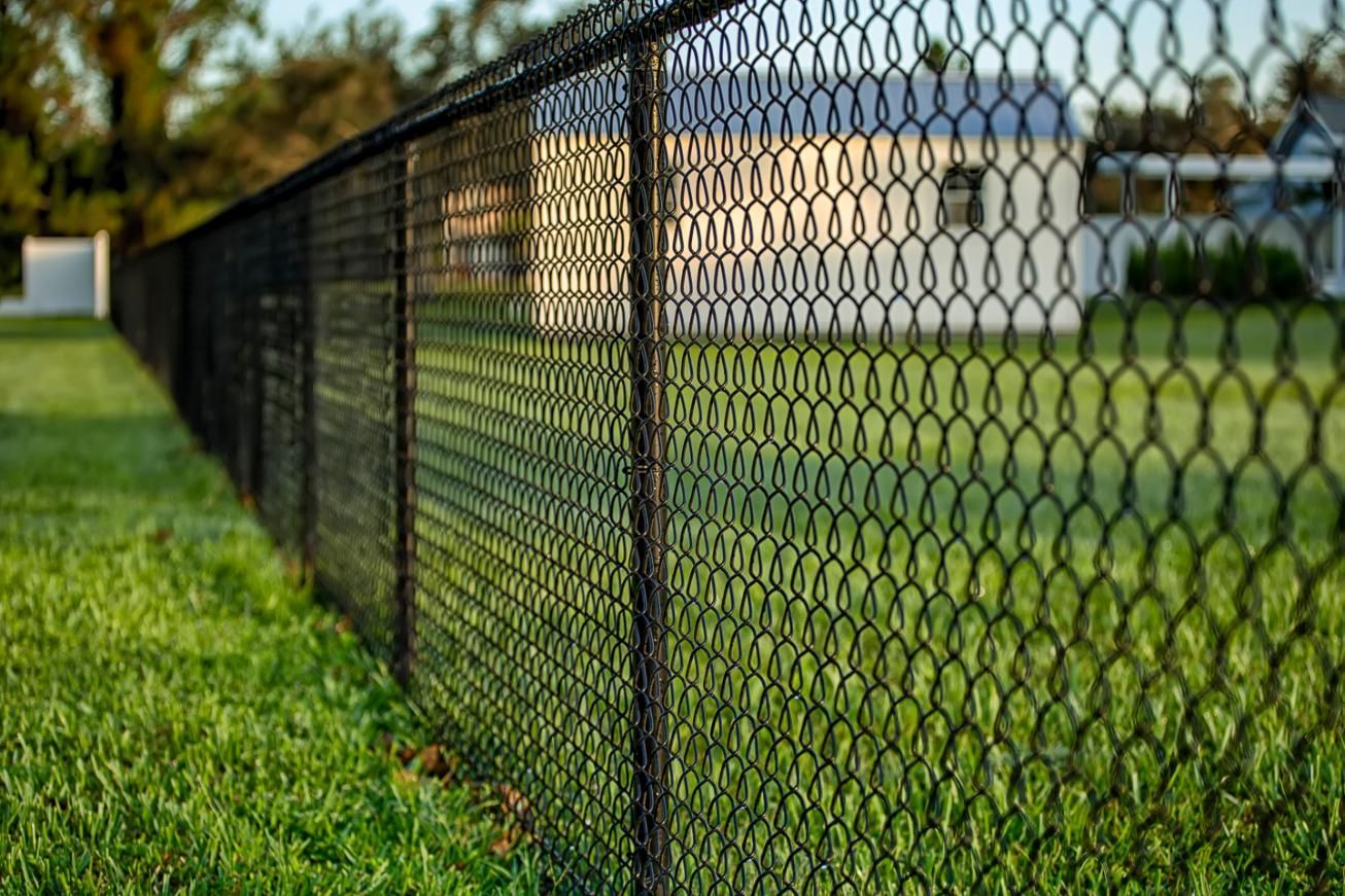 A chain link fence surrounds a lush green field.
