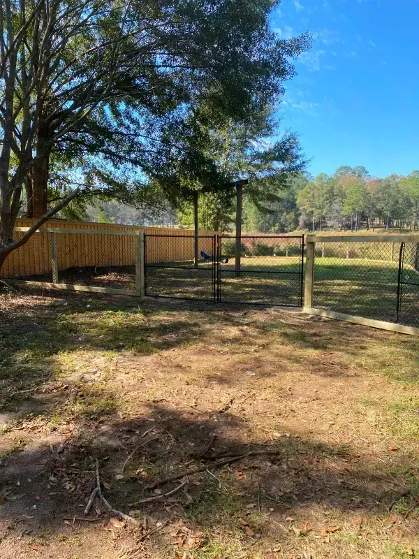 A wooden fence surrounds a dirt field with trees in the background.