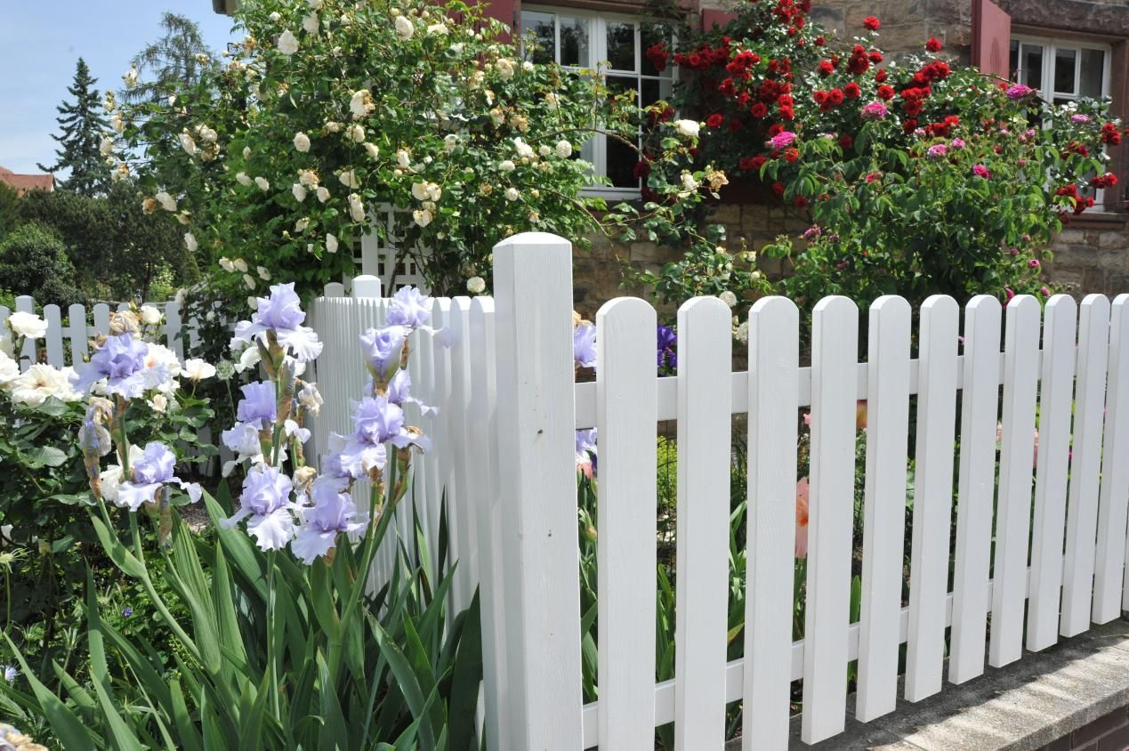 A white picket fence is surrounded by flowers in a garden.
