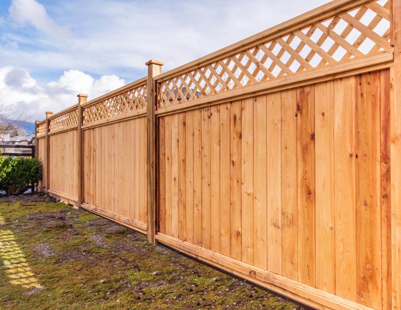 A wooden fence with a lattice design is in a backyard.
