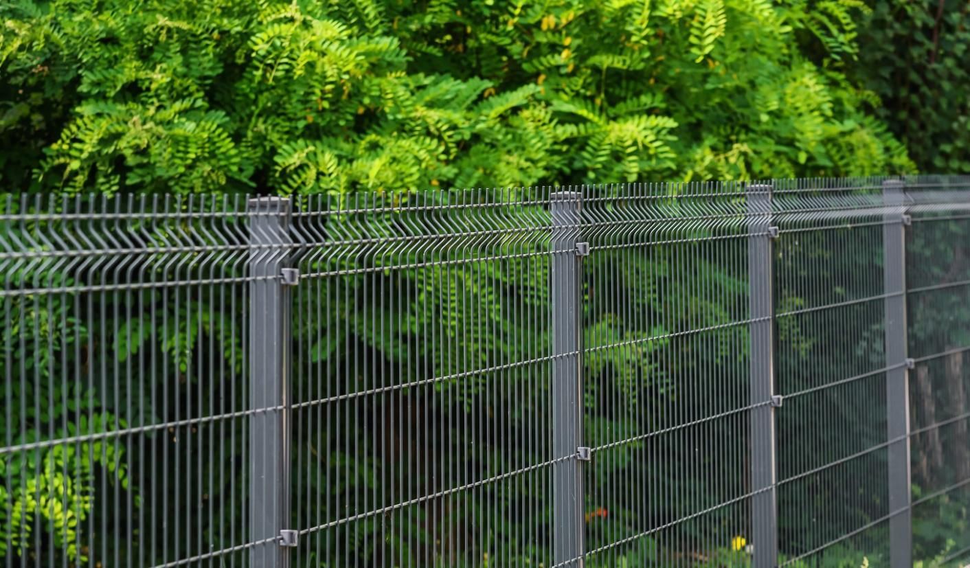 A metal fence with trees in the background is surrounded by trees.