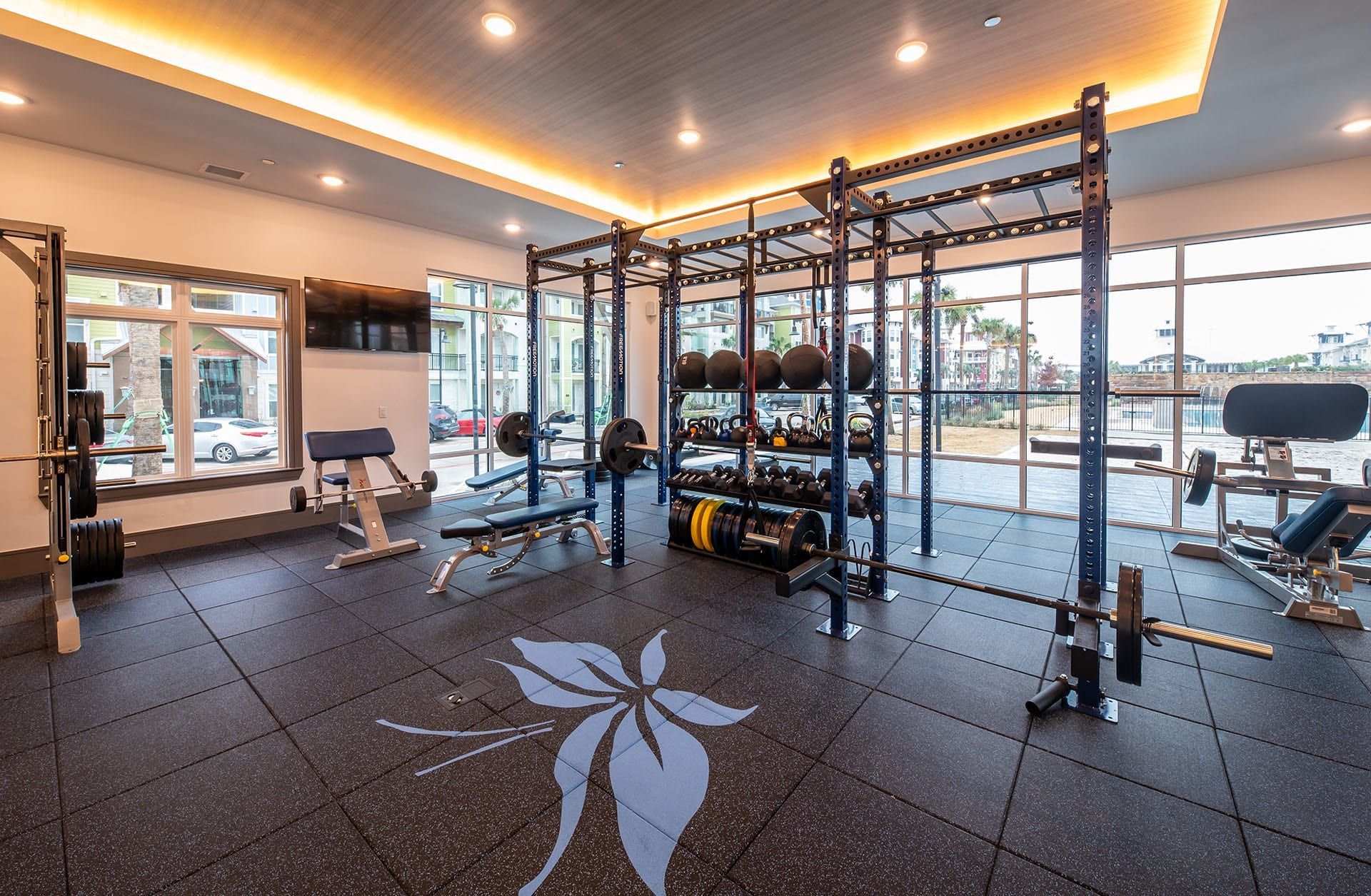 Fitness center at Hebron 121 Station in Lewisville, TX.