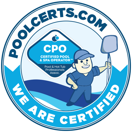 Circular badge: CPO Certified Pool & Spa Operator logo with a smiling cartoon pool operator.