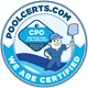 Circular badge: CPO Certified Pool & Spa Operator logo with a smiling cartoon pool operator.
