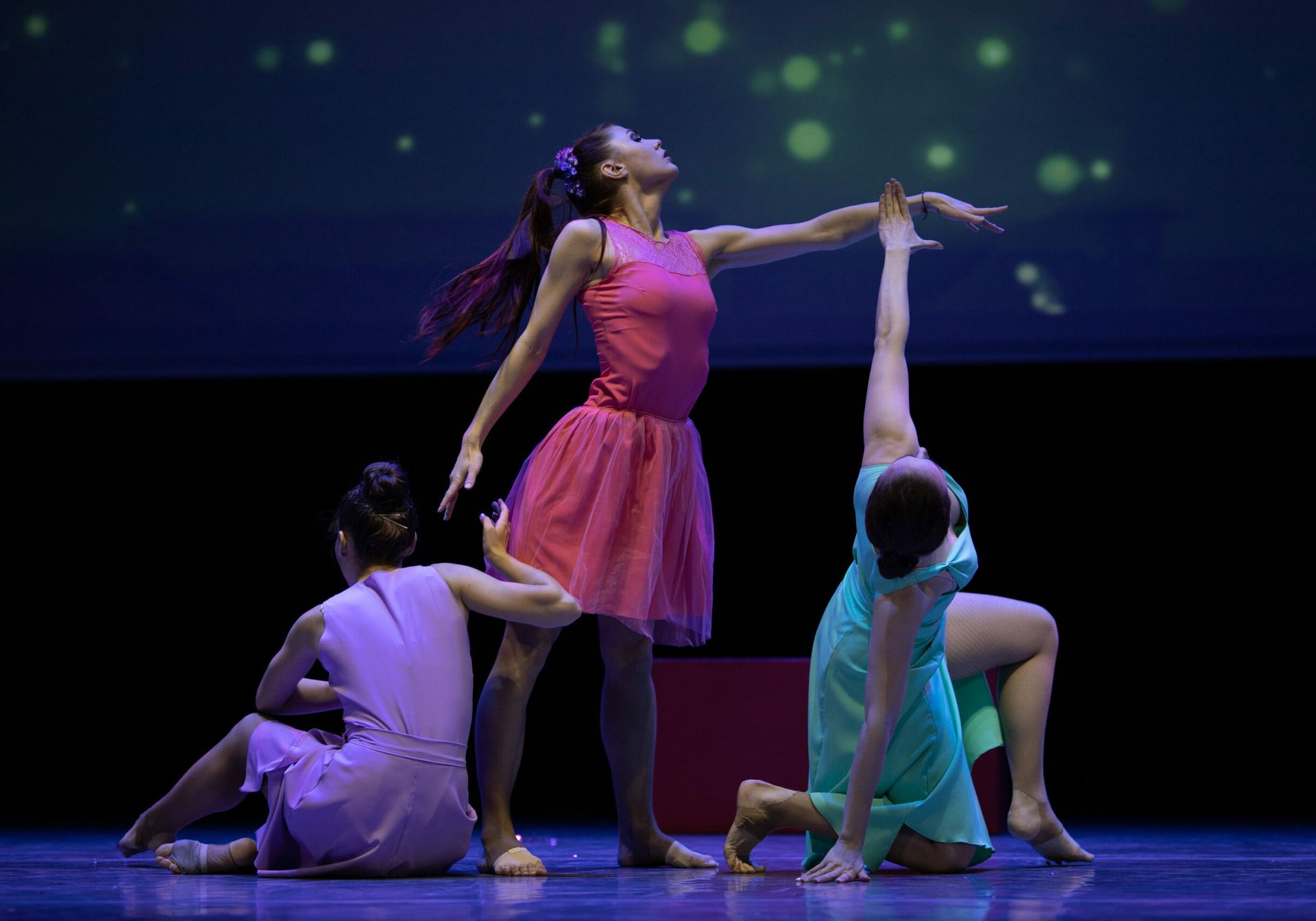 Dancer actresses young woman performs on theatrical scene in the