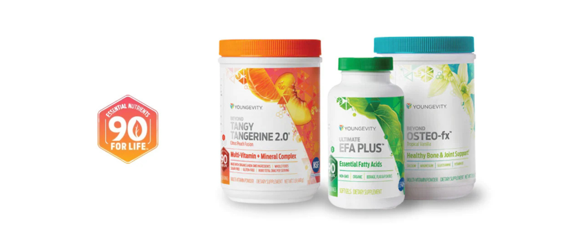 Three supplement bottles: orange, green, and turquoise lids. A 