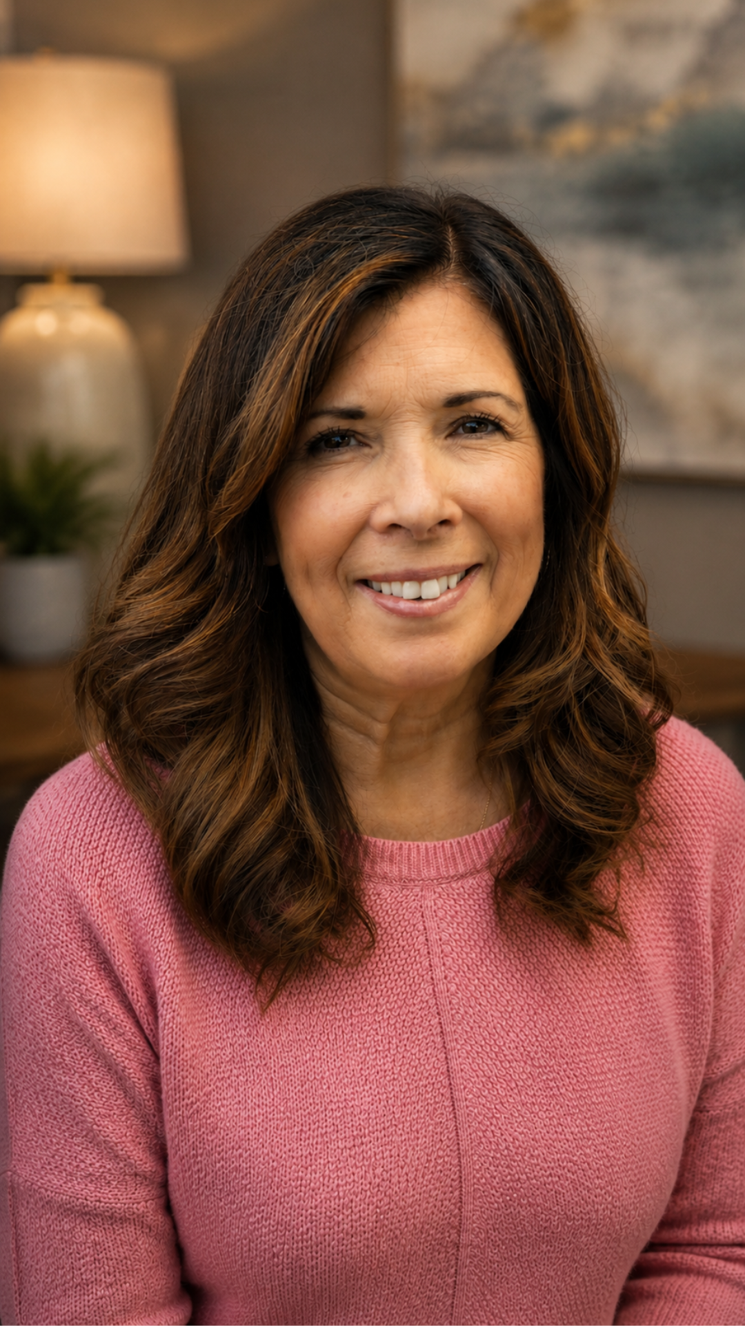Smiling woman in a pink sweater indoors, with a lamp and blurred painting in the background