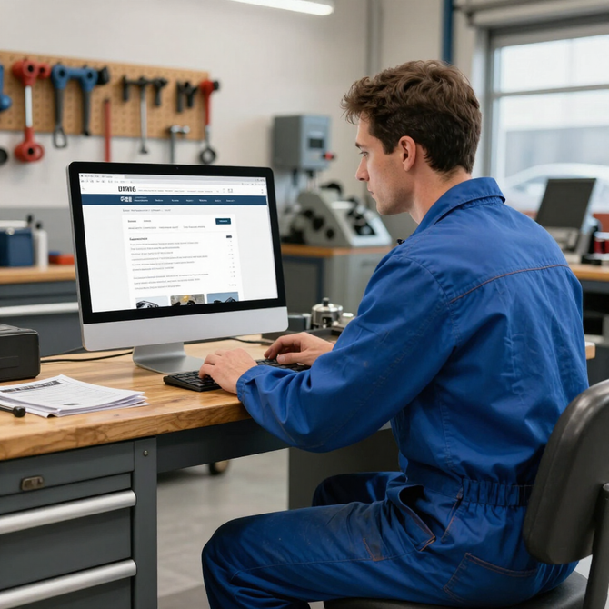 Technician in blue coveralls working at a desktop computer in a workshop.