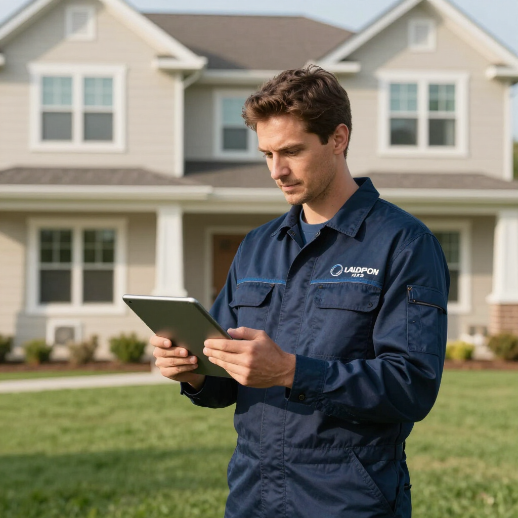 Property inspector in blue coveralls using a tablet outside a suburban house