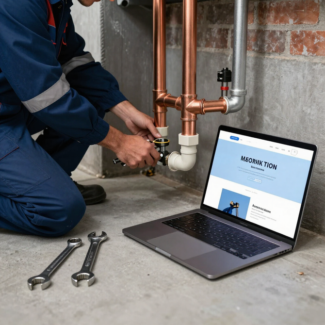 Plumber tightening under-sink pipes beside an open laptop on a concrete floor, with tools nearby