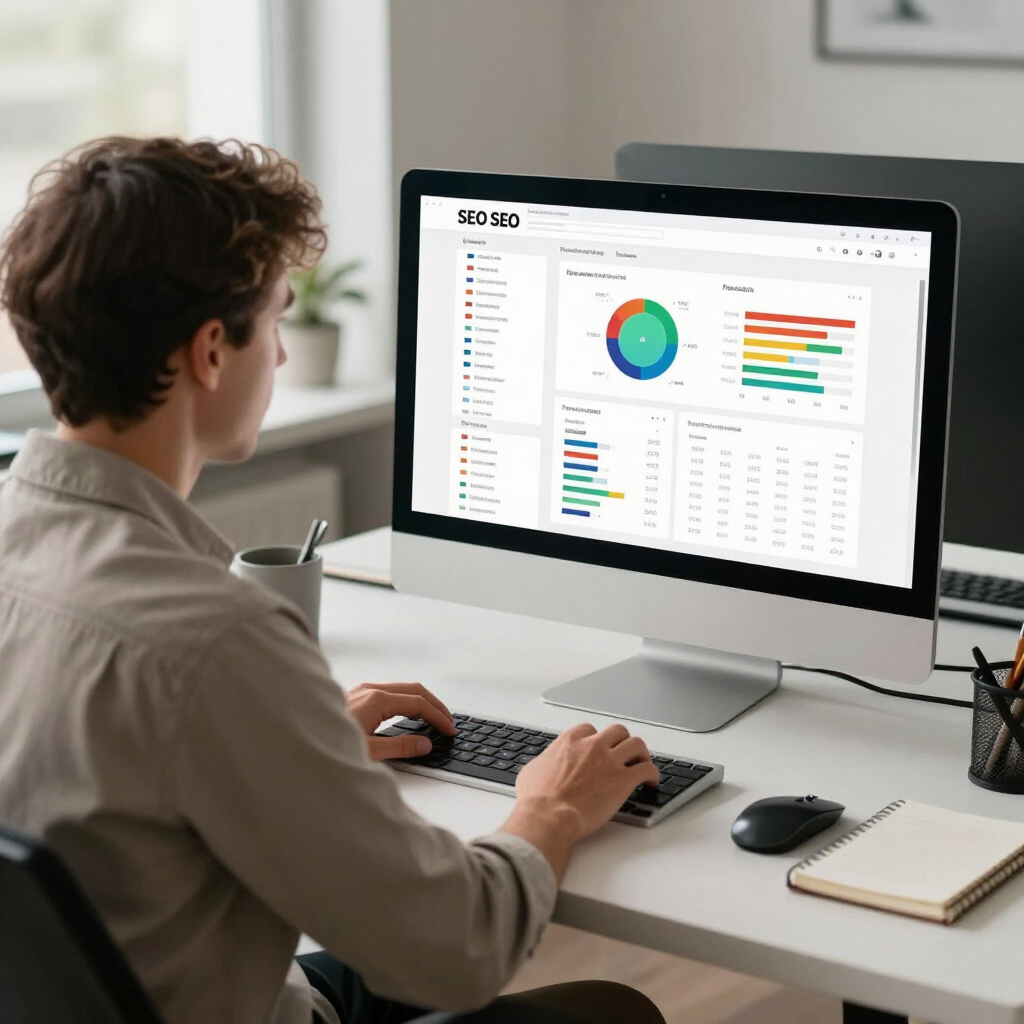 Person working at a desk viewing a colorful analytics dashboard on a desktop monitor