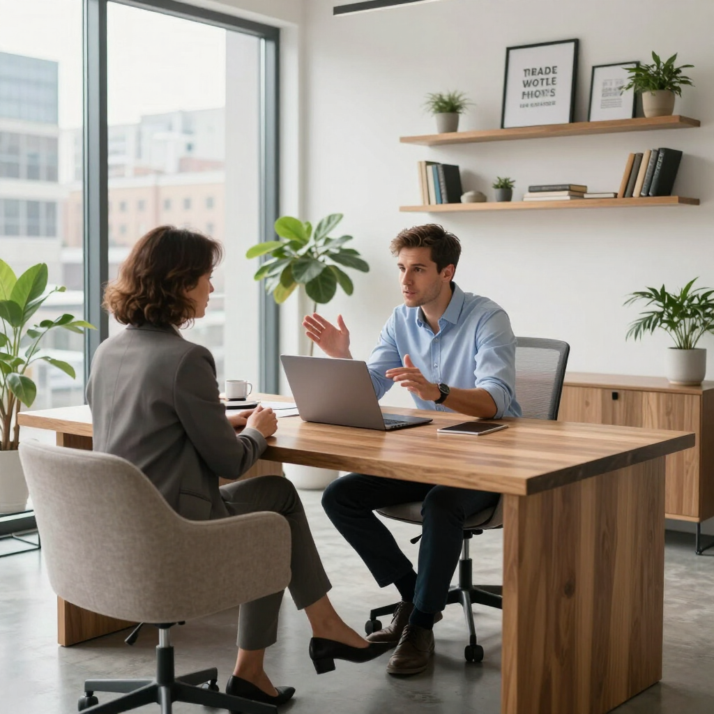 Two people in a bright office meeting across a wooden desk with a laptop and plants.