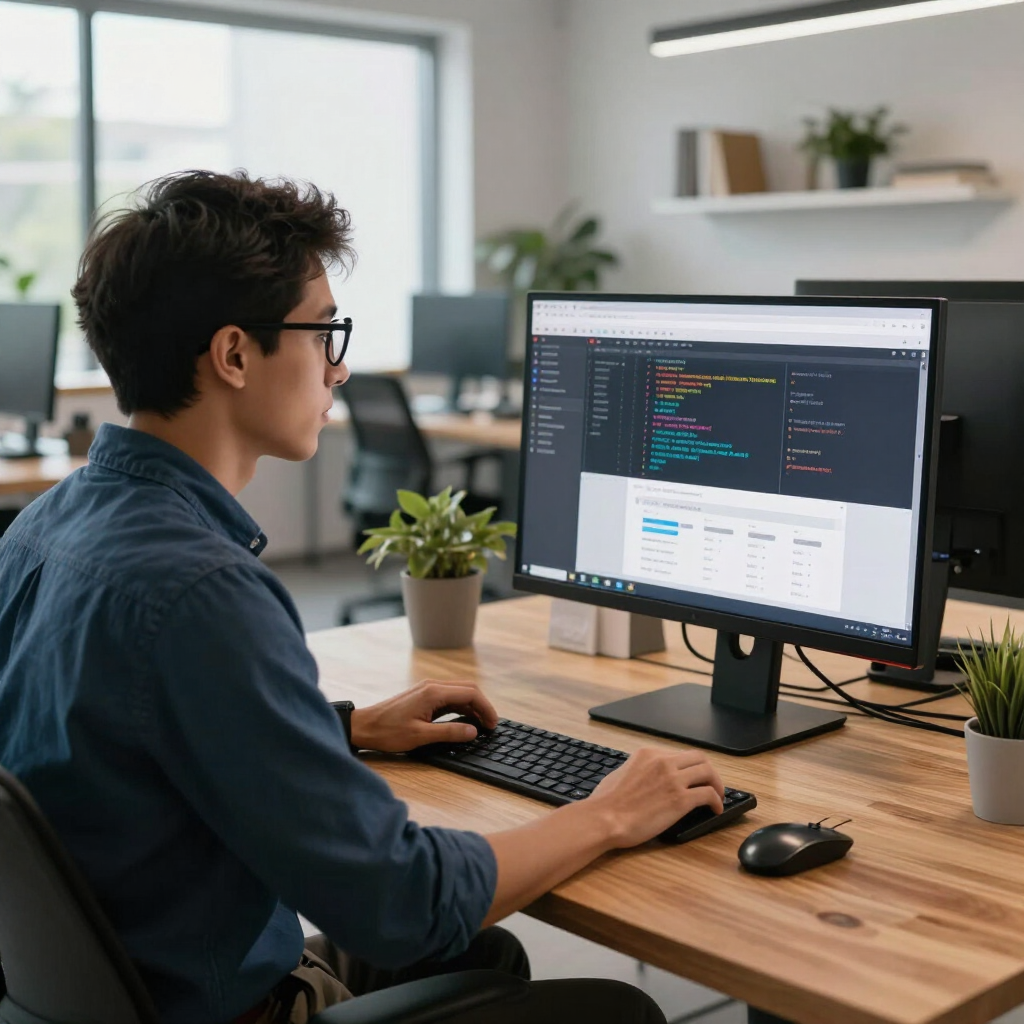 Person coding at a desk with a desktop monitor in a bright modern office