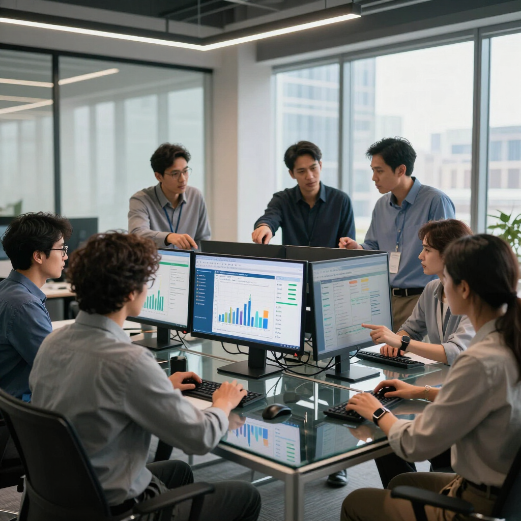Team meeting in a glass office, with coworkers gathered around monitors displaying charts and data.