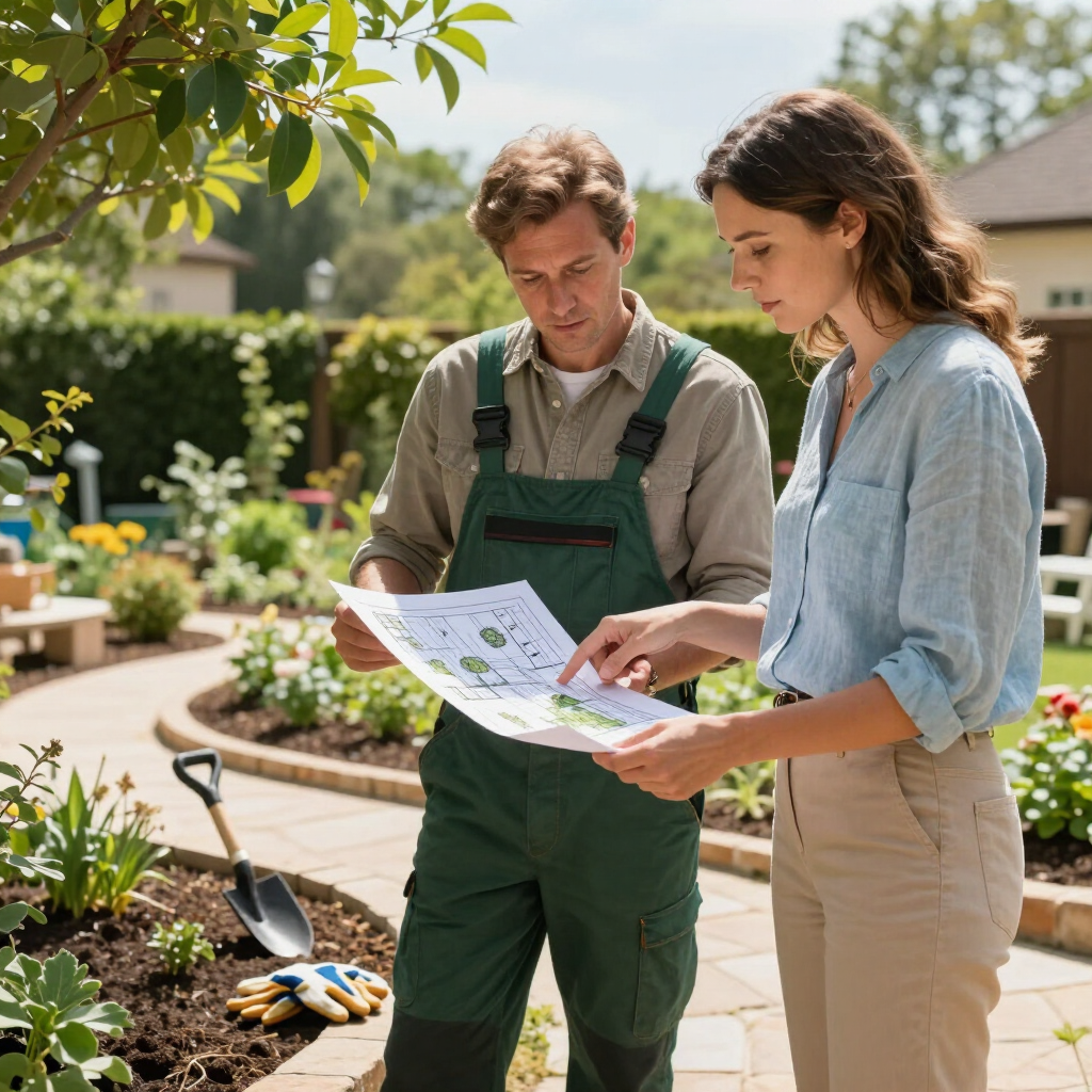 Two gardeners reviewing a landscape plan in a sunny backyard with tools and potted plants nearby
