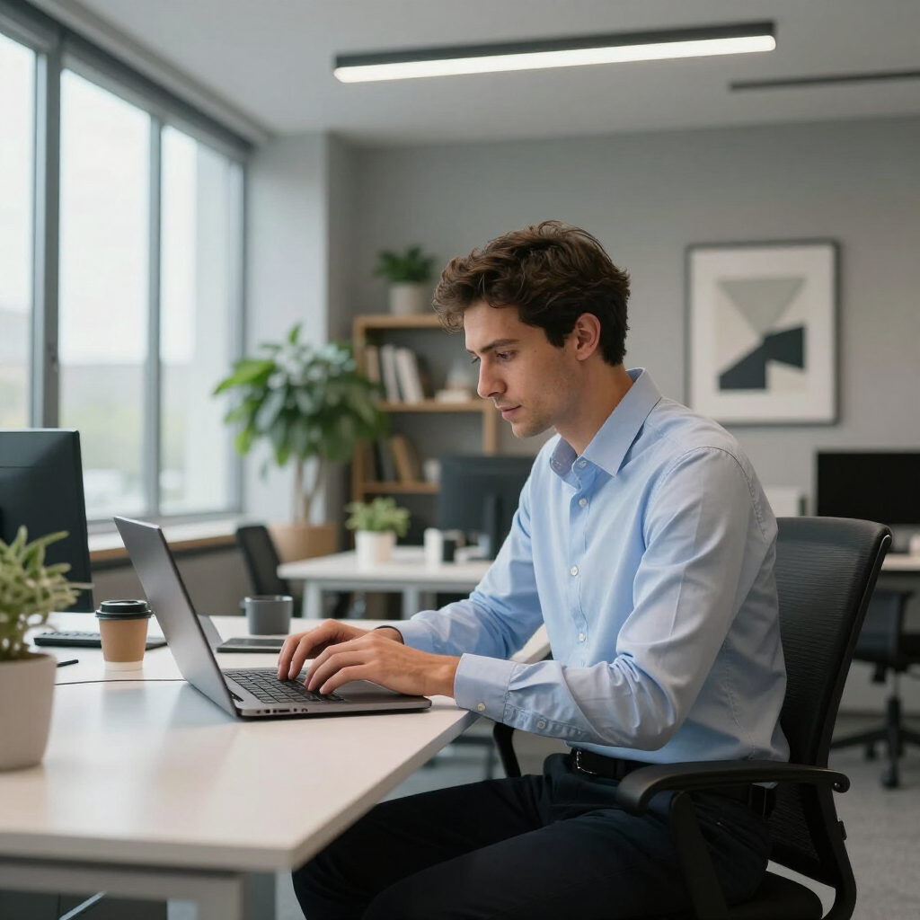 Person working on a laptop at a desk in a bright modern office