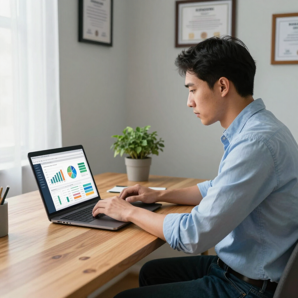 Person working on laptop at a desk, viewing charts in a bright home office