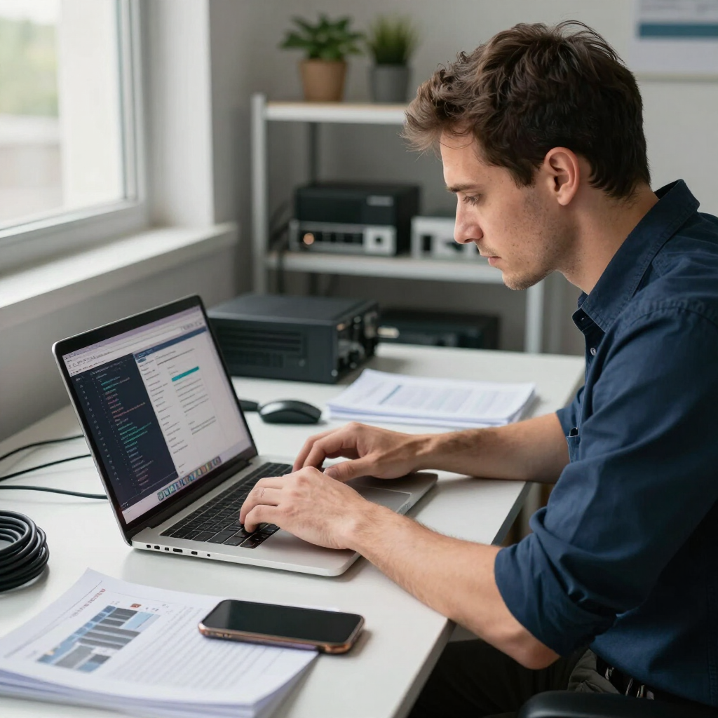 Person typing on a laptop at a desk with papers, phone, and office equipment nearby