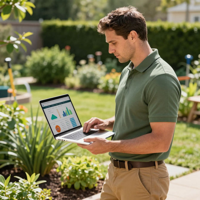 Person outdoors in a garden using a laptop with charts on the screen